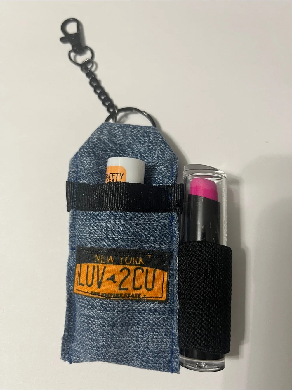 Gift Set Double Denim Lipstick Lip Balm Holder Keychain New York 2 pr Earrings